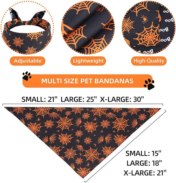 Halloween Dog Bandanas XLarge 2PCS, Reversible Triangle Dog Scarfs with Pumpkin, Spide, Bat, Ghost, Fall Puppy Bandanas Bib Handkerchief for Boy and Girl, Holiday Bandanas