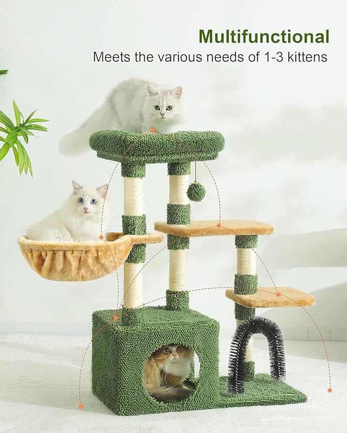 HOOPET 32IN Cactus Cat Tree for Indoor Cats - Multi-Level Cat Tower with Hammock, Condo, Scratching Posts, Self-Grooming Brush & Play Ball - Space-Saving Cat Furniture for Small Apartments
