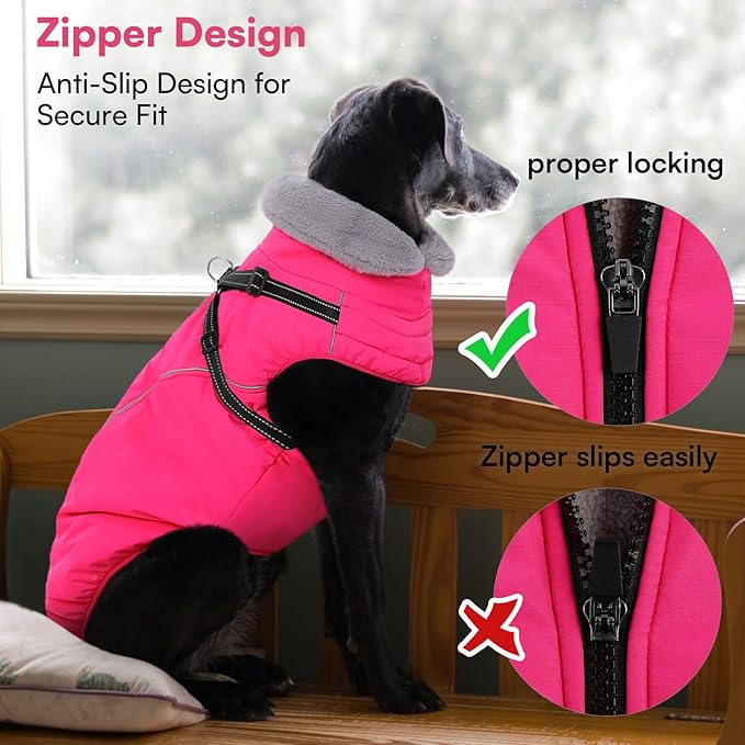 Queenmore Large Dog Coat,Dog Jacket for Extra Large Dogs with Harness Built in,Reflective Waterproof Dogs Jackets with Fleece Lining,Warm Snowsuit Pet Coats for Doberman,Labrador,Rosered,XXL
