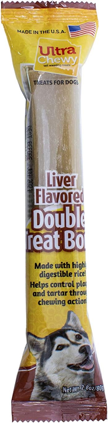 Ultra Chewy Liver, Double Treat Bones: Long-Lasting Dog Treats Made in USA for Large and Small Breeds, Highly Digestible, Ideal for Aggressive Chewers (24 Individually Packed Bones)