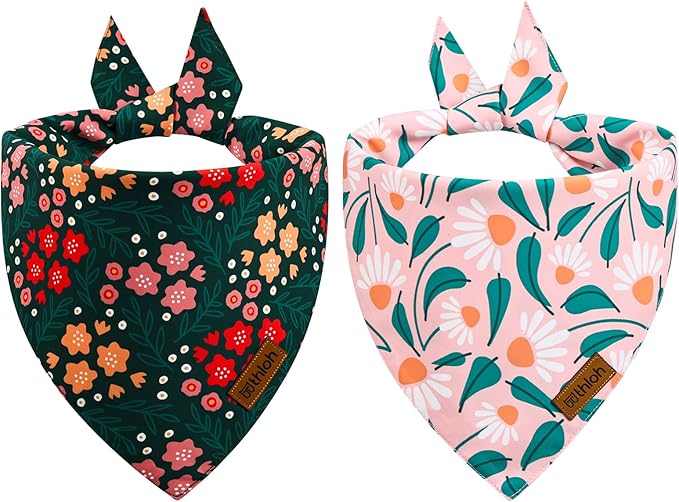 Spring Dog Bandanas - 2 Pack Floral Dog Scarf for Boy & Girl, Premium Durable Fabric, Adjustable Fit, Gift for Dogs, Daisy Bandana for Small Dogs (Small)