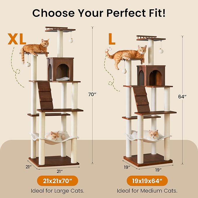 Large Modern Cat Tree - 70 inch Tall Cat Tower for Indoor Cats, Multi-Level Cat Condo with 7 Fully Wrapped Scratching Posts,2 Spacious Perches, Hammock, Cozy Pad & Dangling Balls-Walnut Brown