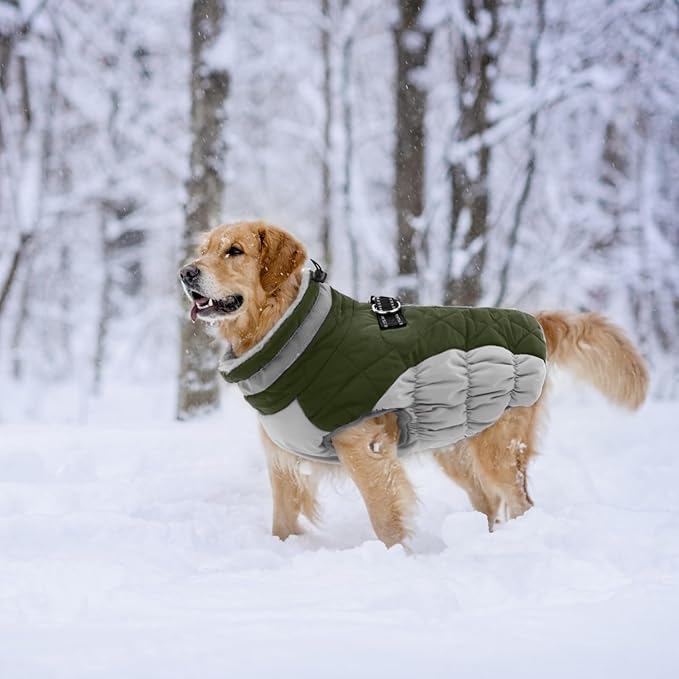 Lelepet Dog Coat Warm Dog Winter Coat Waterproof Dogs Jacket with Harness Built in Reflective Pet Fleece Vest Zip-Up Cold Weather Coats for Large Dogs Turtleneck Windproof Coats Pitbull Army Green 2XL