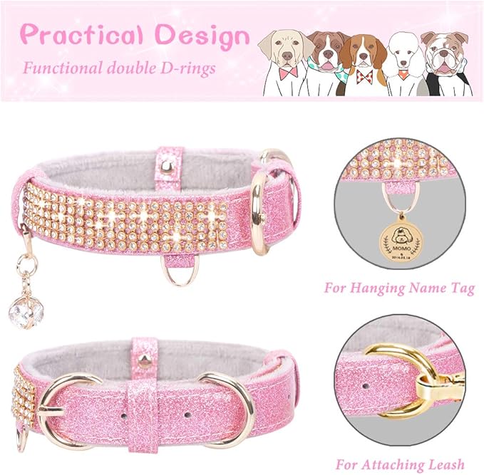 PetsHome Cat Collar, Dog Collar, [Bling Rhinestones] Premium PU Leather with Pendant Adjustable Collars for Small to Medium Dog Medium Pink