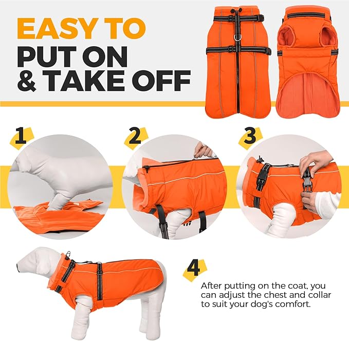 Lelepet Dog Winter Coat Waterproof Dog Jacket with Harness Built in Windproof Reflective Pet Coats for Small Medium Large Dogs, Thermal Fleece Lined Coats for Cold Weather Walking Hiking, Orange, M