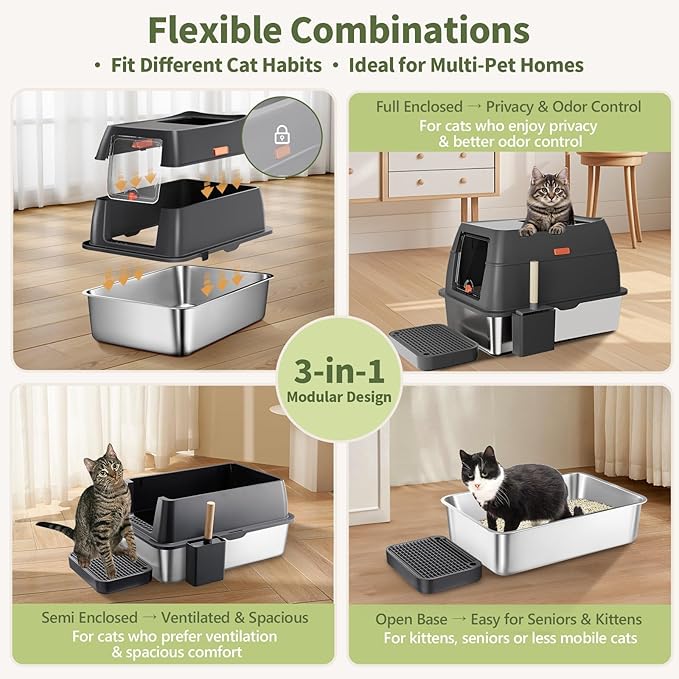 Gimars XL 3-in-1 (Enclosed/Semi-Enclosed/Open) Dual Top/Front Entry Stainless Steel Litter Box with Lid, 16" High Walls, Leak-Proof, Odor Control, Dog-Proof — for Kittens, Big Cats & Multi-Cat Homes