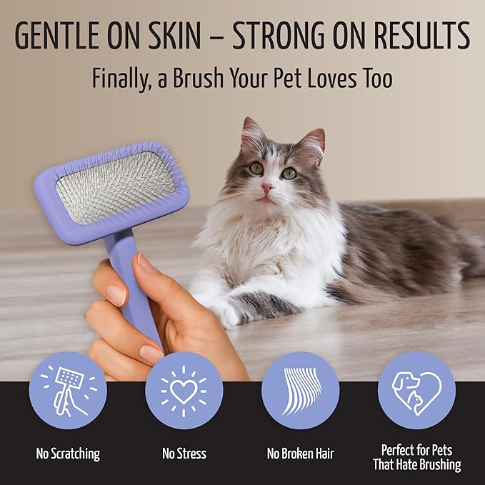 Tauro Pro Line Wooden Deshedding Dog Brush for Long Goldendoodle, Labradoodle & Poodle Hair - Purple Slicker Brush for Dog & Cat Grooming - Rectangular Flexible Cushion & Non-Slip Grip, M