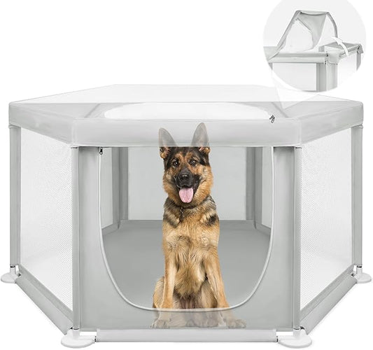 69.3"x69.3"x34.65" Extra Large Dog Playpen Indoor, Tall Puppy Playpen with Removable Roof, Sturdy Fabric Dog Pen for Medium to Large Pets, Spacious Hexagonal Pet Playpen Indoor for Comfort & Security