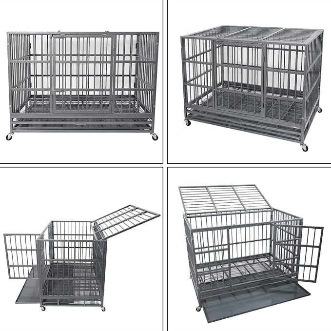 Otaid 38 inch Heavy Duty Indestructible Dog Crate, Escape Proof Dog Crate for High Anxiety Dogs, Dog Cage Kennel with Wheels, Sturdy Locks Design, Double Door and Removable Tray