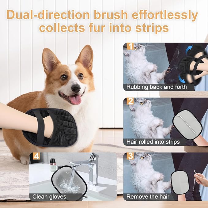 Electrostatic Pet Hair Remover Glove-Furniture/Couch/Carpet/Car Seat Hair Removal, Efficient Pet Grooming Glove for Dogs & Cats, Washable Reusable Static Removal Gloves for Pet Hair