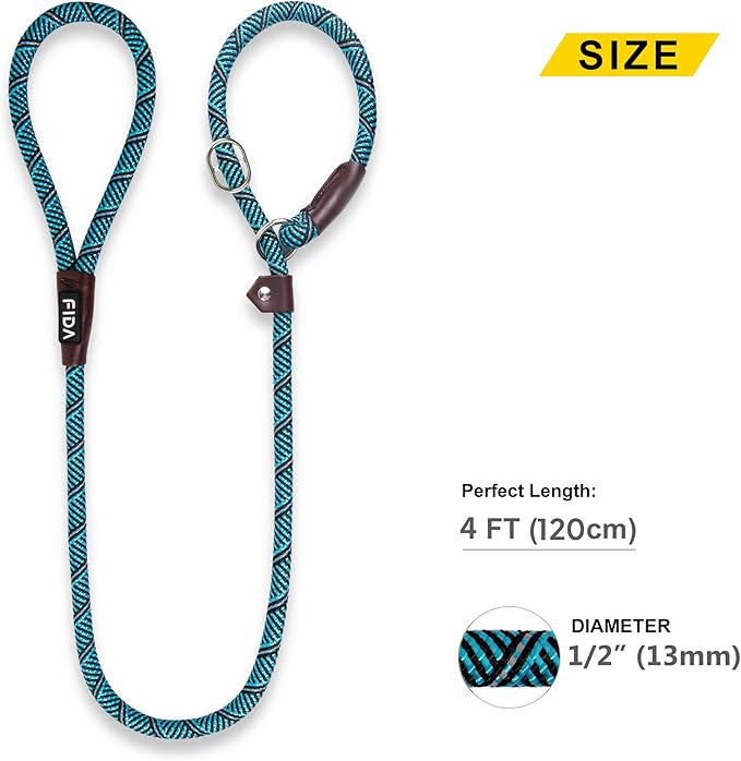 Fida Slip Leads for Dogs, 4 FT x 1/2" Heavy Duty Comfortable Strong Rope Leash for Large, Medium Dogs, No Pull Pet Training Leash with Highly Reflective, Blue