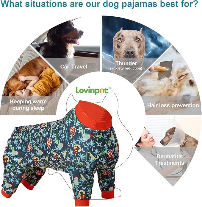 LovinPet Dog Sweatshirts for Large Dogs, Lightweight Stretchy Fabric, Dark Green Dinosaur Print, Sun Protection, Pet Anxiety Relief Shirt, Easy Wearing Dog Onesie, Dog Costume for Parties,3XL