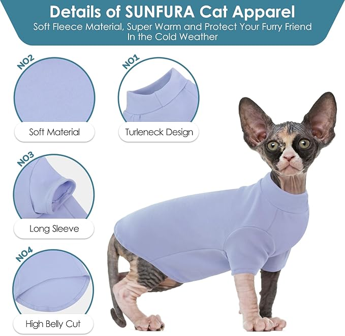 SUNFURA Turtleneck Sweater for Cat, Sphynx Cats Shirt Hairless Cat Sweaters with Sleeves, Warm and Soft Kitten Pullover Fleece Winter Pajamas Jumpsuit for Puppy Cats, Blue L