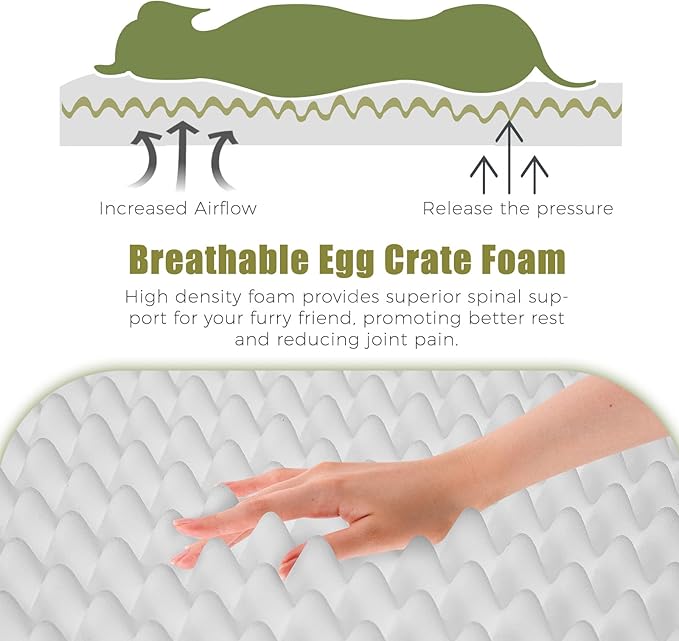 Orthopedic Outdoor Waterproof Dog Beds for Large Dogs, Washable Crate Bed with Egg Crate Foam Pet Bed Mat and Removable Oxford Fabric Cooling Cover Bed,41"x 29", Dark Green