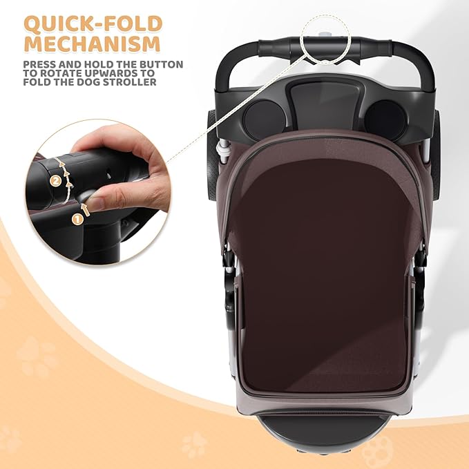 Magshion 3-Wheel Pet Stroller, Foldable Travel Jogger for Small & Medium Dogs & Cats (Up to 33lbs), Lightweight Carrier with Breathable Mesh Cover, Cup Holder & Storage Basket, Coffee
