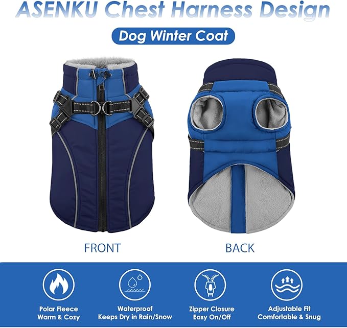 ASENKU Reflective Dog Coat with Built-in Harness, Windproof Fleece-Lined Dog Jacket for Small, Medium, Large Dogs, Warm Winter Vest with Turtleneck & Zipper (Navyblue 2XL)