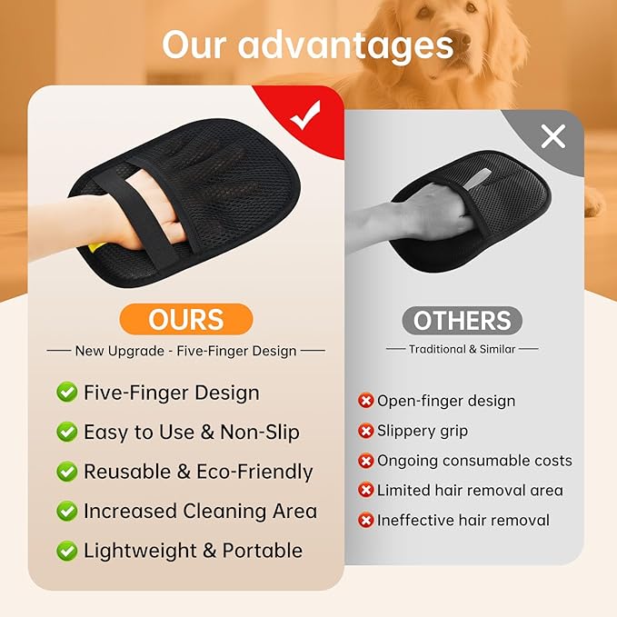 Static Pet Hair Remover Gloves, Reusable Electrostatic Pet Cat Dog Hair Removal Grooming Gloves Brush Tool for Couch, Furniture, Carpet, Car Seat (1 Pack Finger Style)