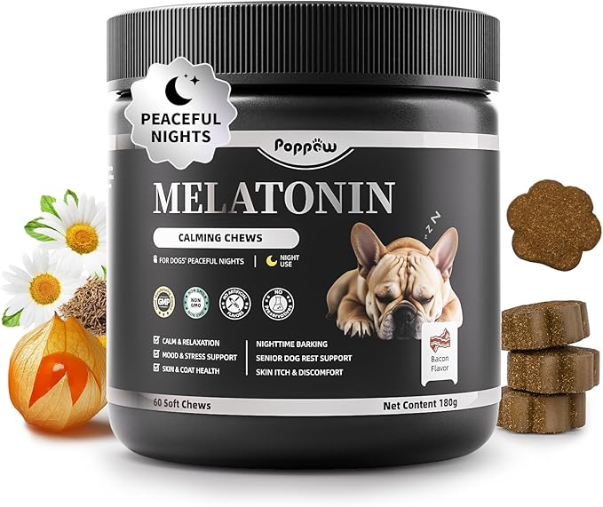 Melatonin for Dogs, Calming Chews with Valerian Root & L-Theanine for Sleep Aid & Emotional Support, Calming Treats for Stress Anxiety Relief - Thunder, Fireworks, Barking, Bacon Flavor, 60Ct
