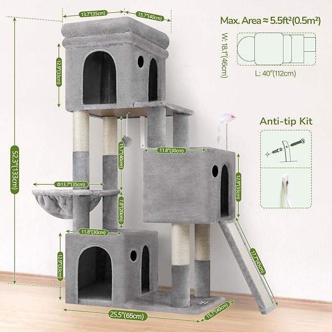 Globlazer Cat Tower for Multiple Indoor Cats, 52 inch Heavy Duty Cat Tree with 3 Condos, Plush Cat Condo with Scratch Posts and Pad for Adult Cats Kitten, Padded Perch, Basket Bed, F52B, Light Grey