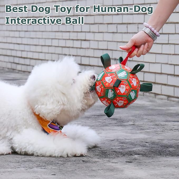 QDAN Christmas Dog Toys: Soccer Ball with Straps for Outdoor Play, Tug of War, Puppy Gifts - Durable 8-Inch Balls for Medium Large Dogs