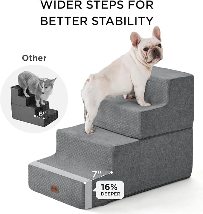 Made4Pets Dog Steps for Bed, Extra Wide Dog Stairs for High Bed Couch Sofa, 35D Foam Pet Steps for Small Dogs and Cats(Up to 40lbs), Non-Slip Bottom Pet Stairs, Grey, 4 Steps