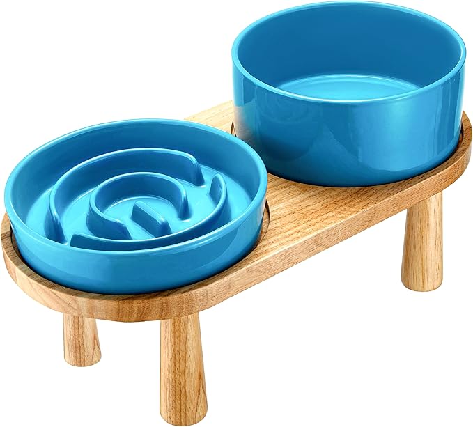 Ceramic Slow Feeder and Water Bowl Set for Medium and Large Dogs, Ceramic Dog Bowls Elevated with Wooden Stand, 2.0 Cups Dog Slow Feeder(30oz) and 70oz Water Bowl Set, Blue