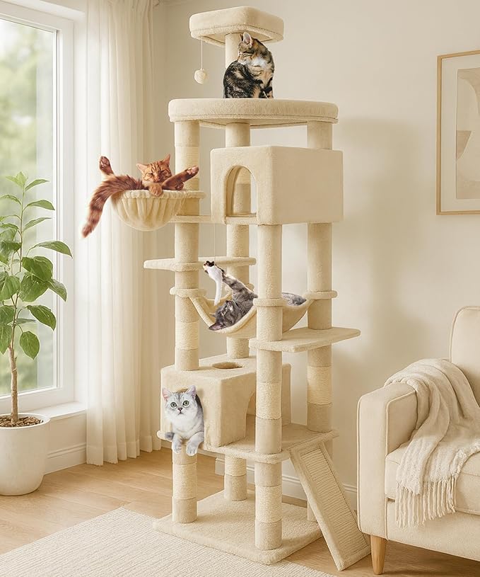 AMHANCIBLE Cat Tree, 83 Inch Large Multi-Level Tall Tower for Indoor Adult Cats, with Scratching Post and Board, Hammock, Condos, Hanging Basket, Activity Center to Play and Sleep, Beige, PT21BG