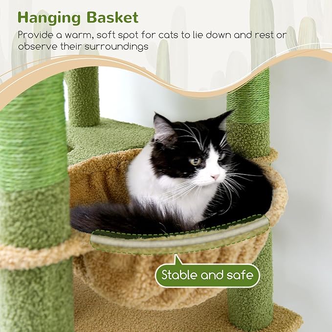 Globlazer S72 Heavy Duty Cactus Cat Tree for Large Cats, Sturdy 72in Maine Coon Cat Tree with 6 Scratching Posts, Hammock