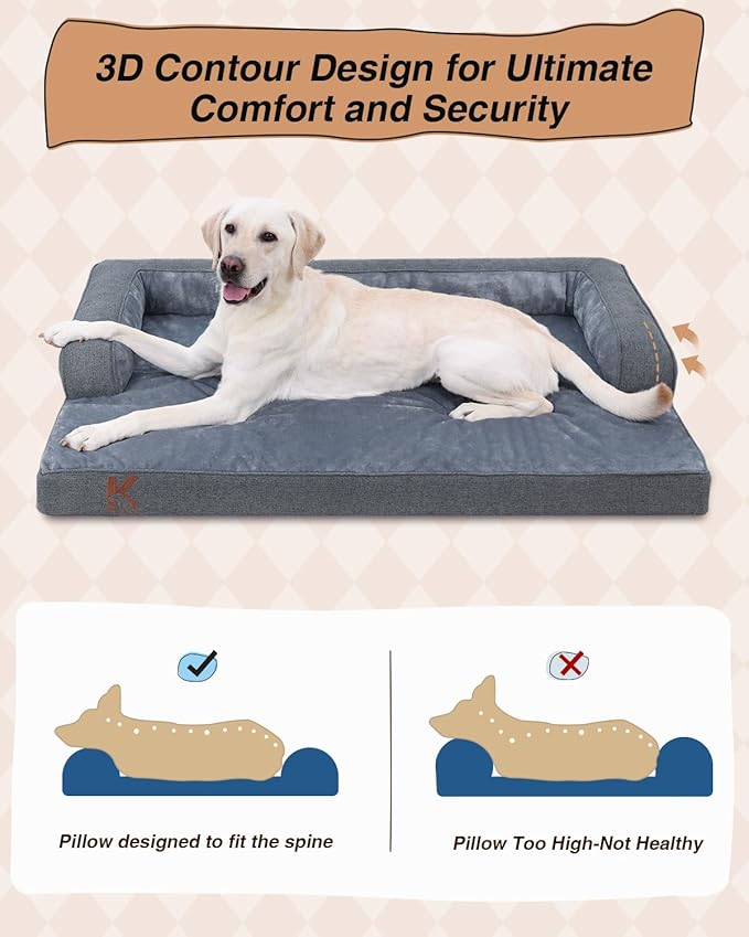 KSIIA Orthopedic Dog Bed for Extra Large Dog，Washable Pet Sofa with U-Shaped Bolster Removable Waterproof Cover Non-Slip Bottom and Egg-Crate Orthopedic Foam Pet Couch Bed, 53 x 36 Inch, Dark Gray