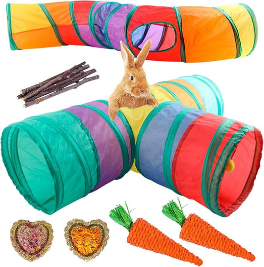 BNOSDM Bunny Tunnel, Collapsible 3 Way and S-Type Rabbit Tunnels Tubes, Small Animal Activity Tunnel Toys with Chew Toys for Indoor Rabbit Bunny Guinea Pigs Ferret Kitten