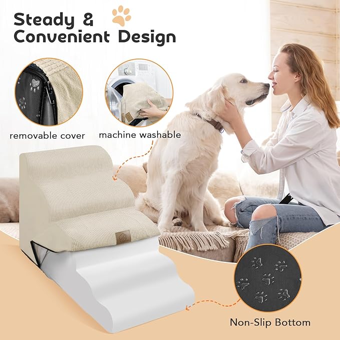 Mestuel 23in High Dogs Stairs, F Stairs for High Bed,5 Steps Ramp to High Couch Sofa Bed Indoor with Gentle Slope& Nonslip Bottom, Lint Roller Set, Beige