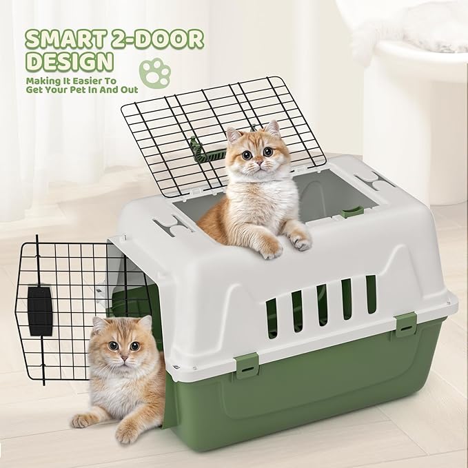 Magshion Pets Plastic Carrier, 22-Inch Hard-Sided 2-Door Top-Loading Kennel for Small Dogs and CatsLonger Traveling, Durable Handle, and 4 Sides Ventilation for Pet Up 22 lbs (White+Green)