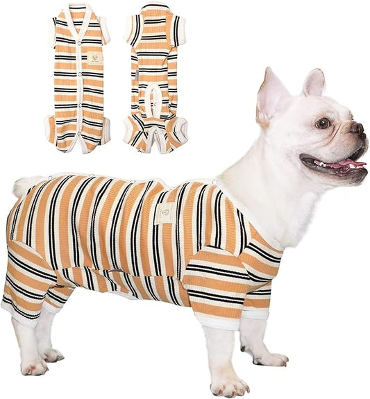 TONY HOBY Male Dog Pajamas, 4 Legged Dog Jumpsuit with Brown Stripe, Dogs Shirt for Small Medium Dogs (Brown, Boy, S)