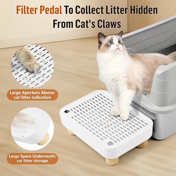 Cat Litter Box Step Ramp, Cat Litter Catcher Mat with Wooden Feet, Filter Function, Pedal Stool for Self-Cleaning Litter Box, Ideal for Kitten & Elderly Cats (White)