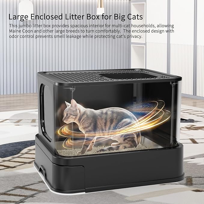 RIZZARI Enclosed Cat Litter Box: Large Stainless Steel Anti-Leak Design Controls Odor - All Black Without Deodorizer - for Cats Under 25 lbs - Ideal for Restroom Porch