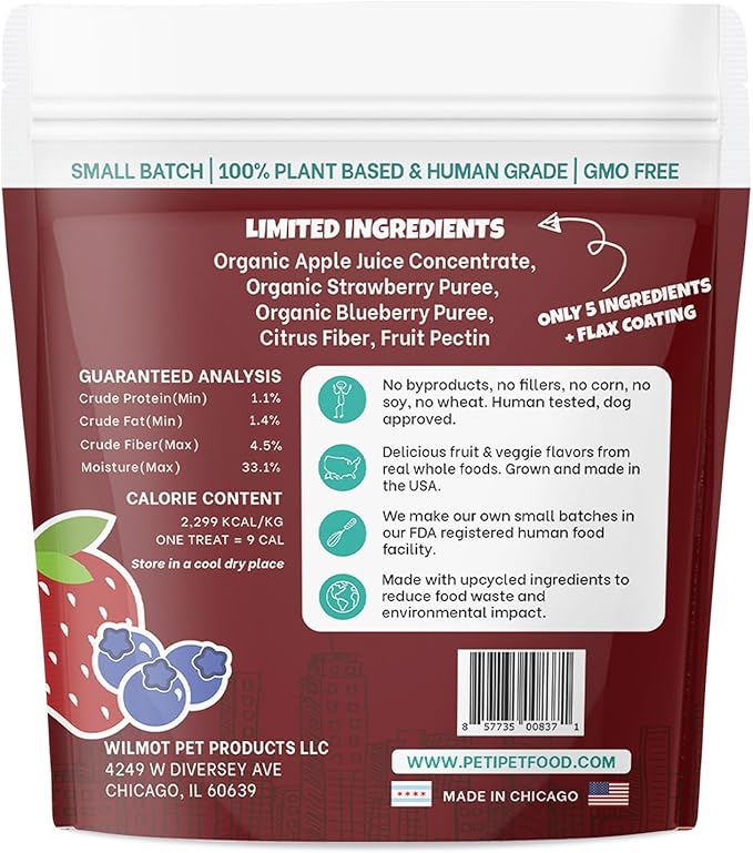 Wildberry Plant-Based Fruit Dog Treats - Strawberry, Apple, Blueberry Soft & Chewy - Vegetarian, Vegan Dog Treats with Organic Ingredients - Low-Protein, Hypoallergenic, Gluten-Free