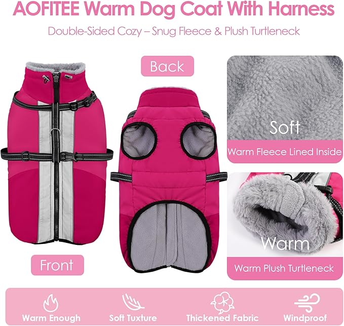 AOFITEE Dog Coats for Large Dogs, Waterproof Dog Winter Jacket with Harness Built in, Warm Large Dogs Coat with Fleece Lined, Zip Up Pets Jackets for Golden Retriever, Weimaraner, Hot Pink 2XL