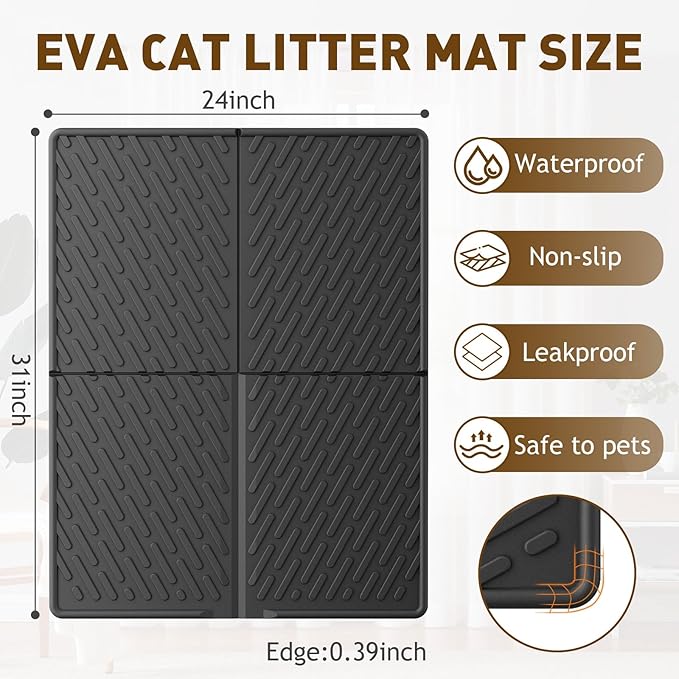 Cat Litter Mat with Grooves & Raised Edge, Urineproof/Waterproof, Litter Scattering Control, Easy to Clean (31 * 24in-Black-1 Pack)