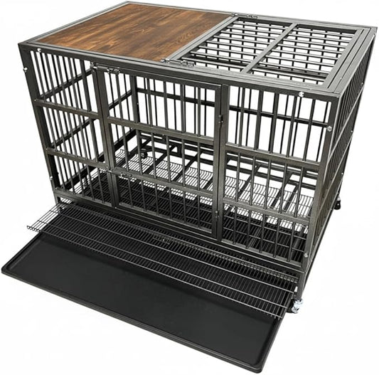 42" Furniture Dog Crate for Large Dogs, Heavy Duty Dog Kennel Indoor with Removable Crate Trays, Wheels and Stylish Wooden Top, Extra Large XL XXL Dog Cage