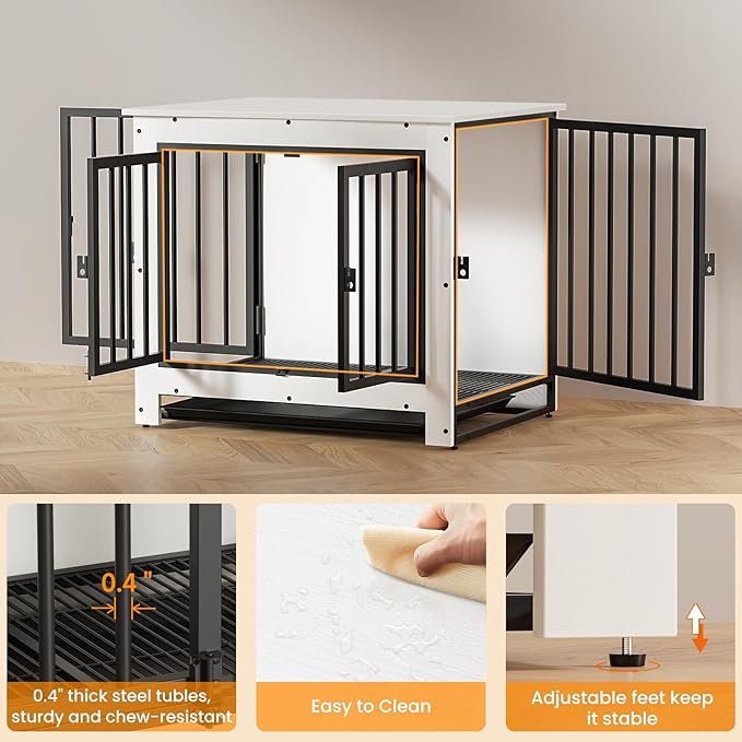 Dog Crate Furniture, Dog Crate End Table for Small and Medium Dogs,Wooden Cage Kennel Furniture Indoor, Modern Dog Crate with Multi-Purpose Removable Tray, Double-Doors Dog Furniture, White