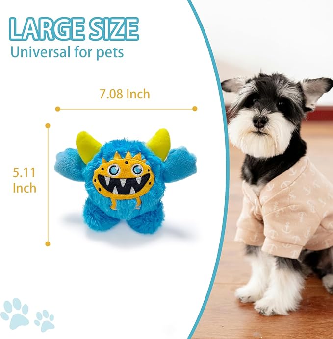 Plush Squeaky Dog Ball, Little Monster Puppy Toys Suitable for All Breeds, Chew Guard, Floating Water and Durable Interactive, Round and Soft (Blue, Large)