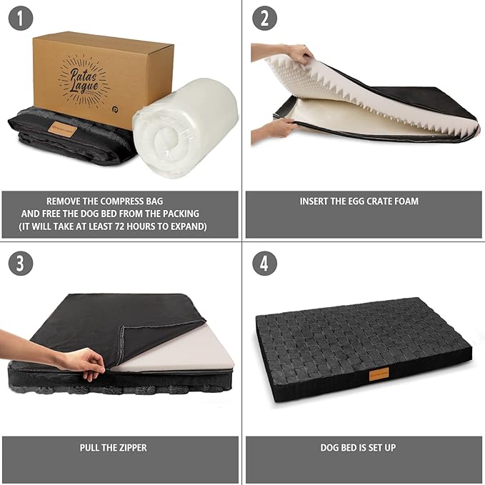 Patas Lague Orthopedic XL Dog Bed Large Sized Dog 48''X30'', Waterproof Soft Comfortable Egg Crate Foam Large Pet Beds Crate Mat with Removable Washable Cover and Nonskid Bottom, Black