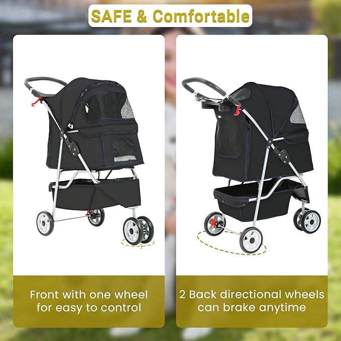 Pet Stroller Dog Stroller Portable Travel 3 Wheel Foldable Cat Stroller with Storage Basket and Cup Holder for Small and Medium Cats,Dogs,Puppy,Black