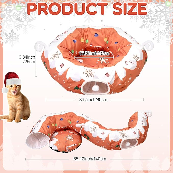 Aliceset Christmas Gingerbread Man Cat Tunnel Bed for Indoor Cats 3ft x 3ft x 10in Foldable Cat Donut Tunnel with Washable Cushion Gingerbread Man Pet Peekaboo Cave Toy for Small Kitten Kitty