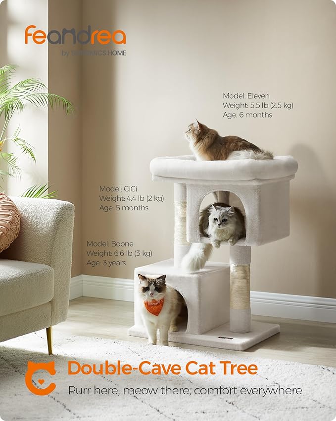 Feandrea Cat Tree, 33.1-Inch Cat Tower, L, Cat Condo for Large Cats up to 16 lb, Large Cat Perch, 2 Cat Caves, Scratching Post, Cream White UPCT061T01