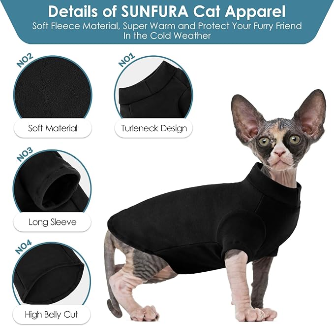 SUNFURA Turtleneck Sweater for Cat, Sphynx Cats Shirt Hairless Cat Sweaters with Sleeves, Warm and Soft Kitten Pullover Fleece Winter Pajamas Jumpsuit for Puppy Cats, Black XL