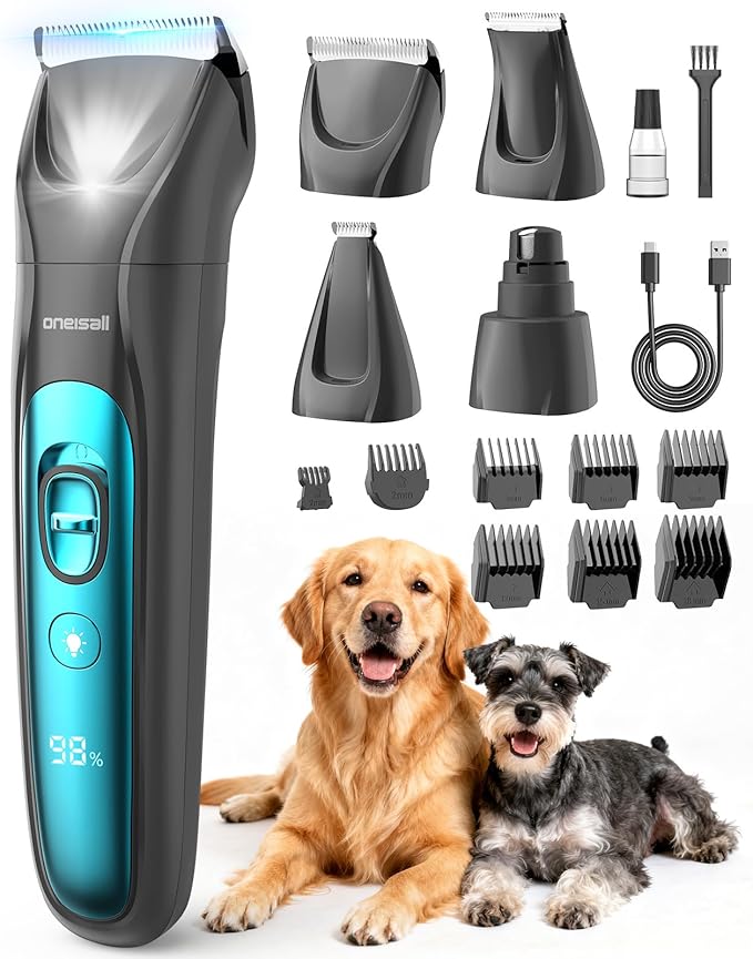 oneisall Quiet Dog Clippers for Grooming LED Light, Cordless Dog Grooming Kit 4 in 1, 2000mAh Pet Clippers Paw Trimmer Nail Grinder for Paw, Nail, Face, Ears, Legs, Body