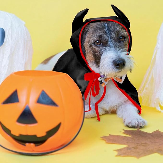 Threetols Pet Vampire Cloak Cape Costume Clothes, Adjustable Black Red Pets Devil Accessories Outfit Decor Cowl for Small Cats Dogs Animals Halloween Party Pets Cosplay