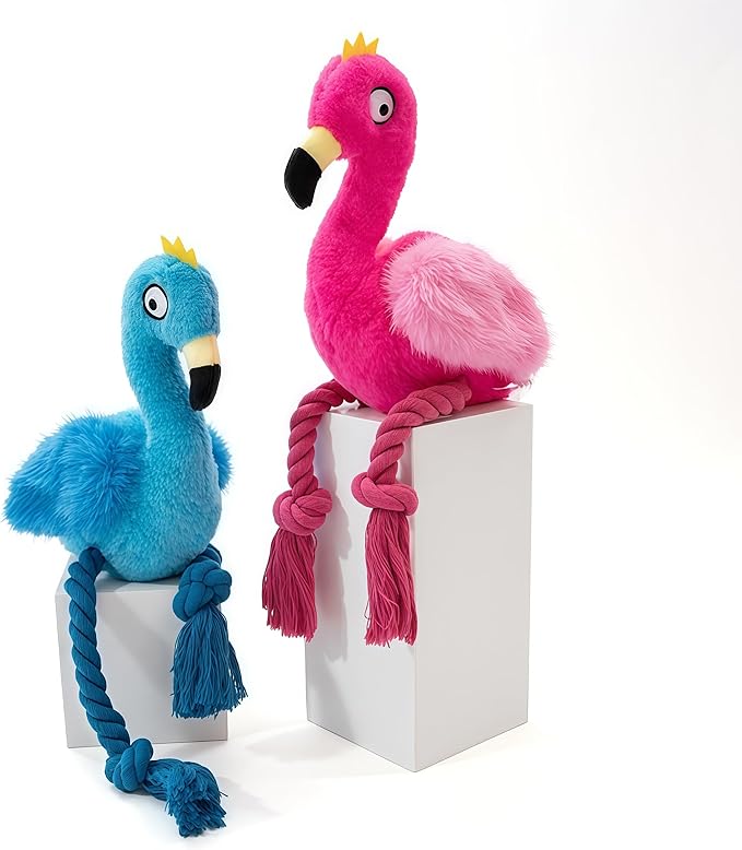 Plush Flamingo Dog Toy, Blue, Squeaky Stuffed Animal with Rope Legs, Interactive Chew Toy for Small, Medium Dogs