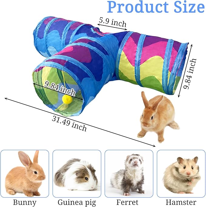 BNOSDM Bunny Tunnel, Collapsible 3 Way Rabbit Tunnels Portable Guinea Pig Tunnel Hideout, Small Animals Activity Tubes with Chew Toys for Kitten Rabbit